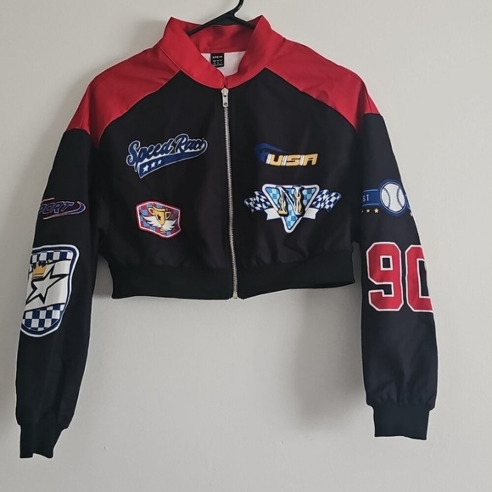 Shein Speed Racing Long Sleeve Zip Up Cropped Bomber Jacket X-Small